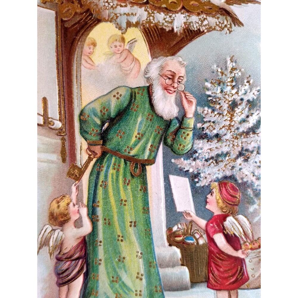 Santa Claus Green Robe Fantasy Postcard Cherubs Angels Christmas 216 Germany ASB